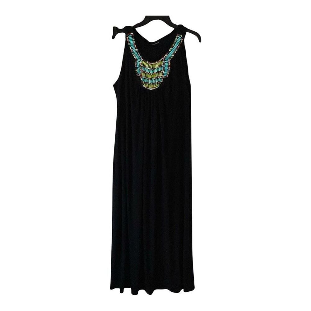 Ashley Stewart Hippie Maxi Black Dress 18/20W Beaded Stones Sleeveless Strappy